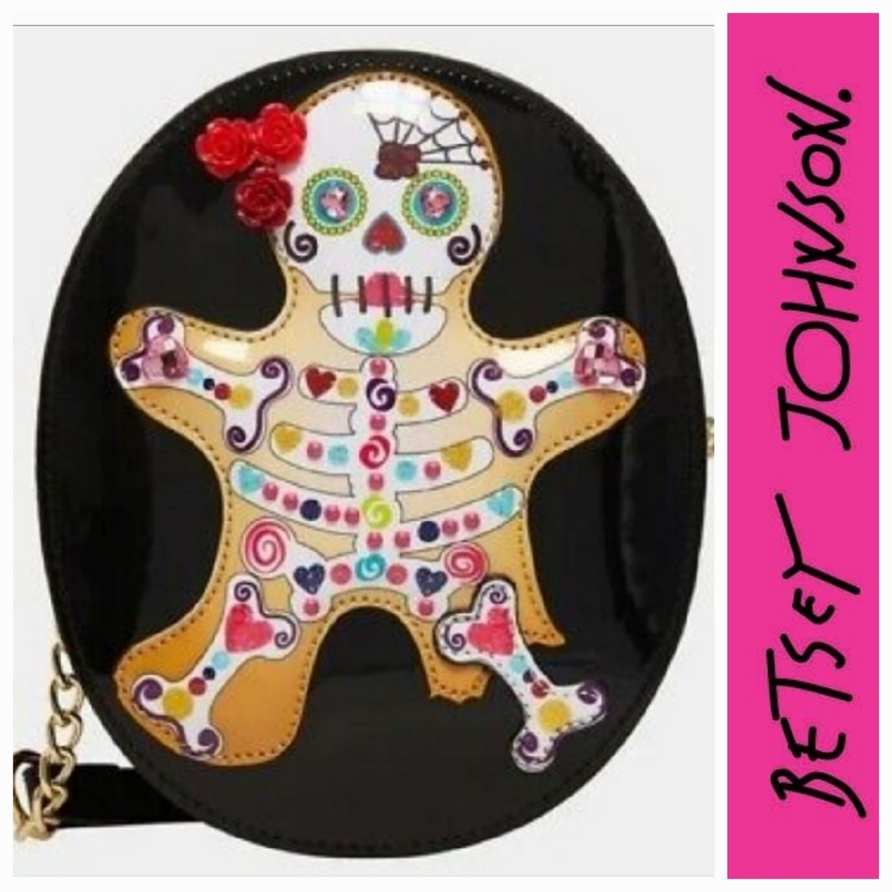 New Betsey Johnson Kitsch Skull Gingerbread Halloween Crossbody Handbag, Purse